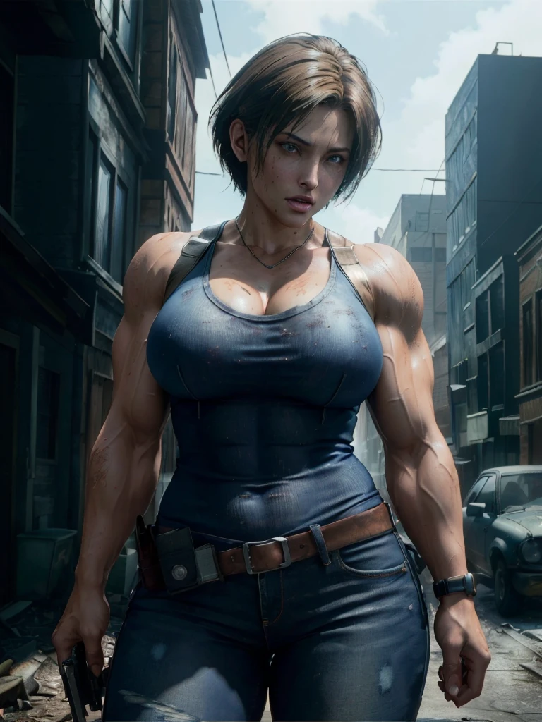 ((Best Quality)), ((Masterpiece)), (Very detailed: 1.3) Jill Valentine, beautiful ultra detailed 4k eyes, (muscular woman:1.3), short hair,  with huge breasts and big tail bewitching thighs with a gun Blue top, jeans, Resident Evil,  zombie apocalypse background