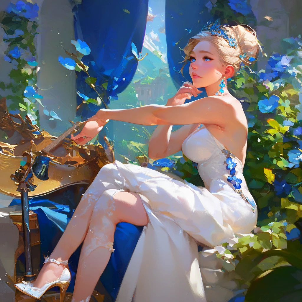 (score_9,score_8_up,score_7_up,) woman in fancy dress leaning over an upright grand piano at dusk with flowers around, 1girl, dress, solo, instrument, flower, high heels, sitting, tiara, white dress, blue eyes, blue flower, blonde hair, hair bun, Expressiveh, negative_hand, [[gwentstyle]], moon
