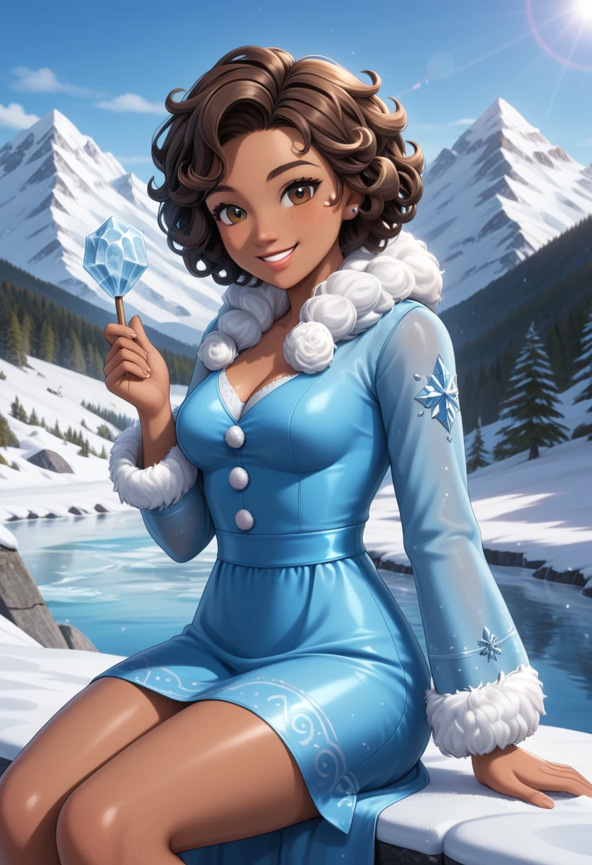 1girl, sitting, ice magic, diadem, gentle smile, medium breasts, tanned, dark skin, freckles, brown eyes, short hair, messy and brown hair, curly hair, light-blue princess dress, long sleeves, fur scarf, diadem, ice, snow, icy mountain, masterpiece quality, ultra HD, 4K, best quality