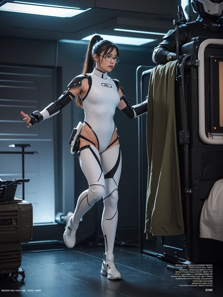 The future heroine stands in heroic form. The heroic future female warrior is Age (mid-20s), face (strong face, no makeup), hair (white long Ponytail hairstyle), AR glasses, body (healthy flesh, muscular, glamorous bodyline), state-of-the-art combat suit (armor (torso, arms, legs), flexible articulation, state-of-the-art sleek design, combat design, khaki color), function (heavy machine automaton). Full body. Background is spaceship interior. created using: style(futuristic, textured, digital-traditional blend, cyberpunk, science fiction, detailed, gritty, industrial, graphic-novel-esque), Cinematic style, dynamic angles, bright lighting, high definition.