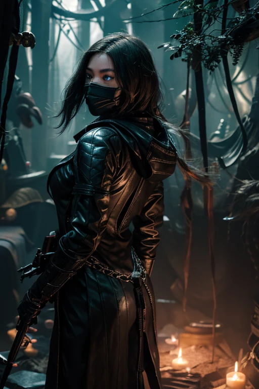 "The Last Anaconda Amazon" Beautiful woman, cold face, sexy butts, no horns, have an anaconda tail behind her butts, scary tail, have a thousand arms, an ancient witch, wear a full-mask cover face, Giant Crossbow Locked Connect With Arm, wear an old-fashioned hood, wear a clothes from Arknights, Bloodborne theme, Arknights theme, dark fantasy, scary theme, green forest, monstrous pet, bloody background, supervillain, evil movement, mercilessly squads.