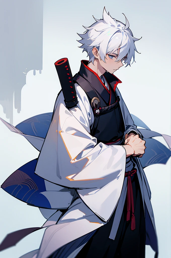 Young Adult, male, samurai Clothing, Standing pose, Town background. white hair, samurai armor