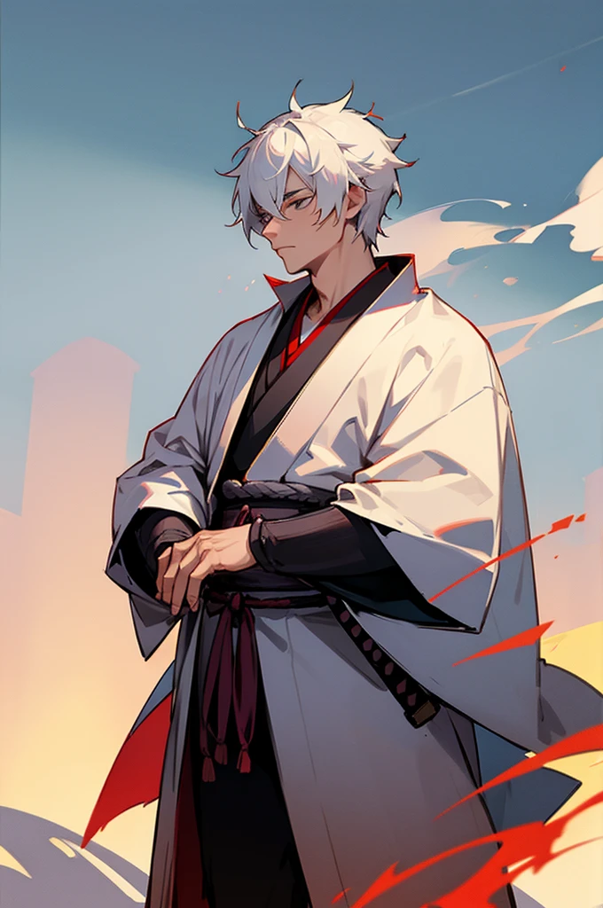 Young Adult, male, samurai Clothing, Standing pose, Town background. white hair, samurai armor