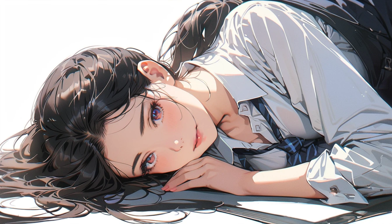 20 years old,1 mature woman,hyperrealistic, 8k, (extremely detailed 8k), (very delicate and beautiful), (masterpiece), (better quality:1.0), (ultra high resolution:1.0), (masterpiece, best quality),cute,black hair,ponytail,full body,white background,realistic skin,collared shirt, pleated skirt,lie on own side