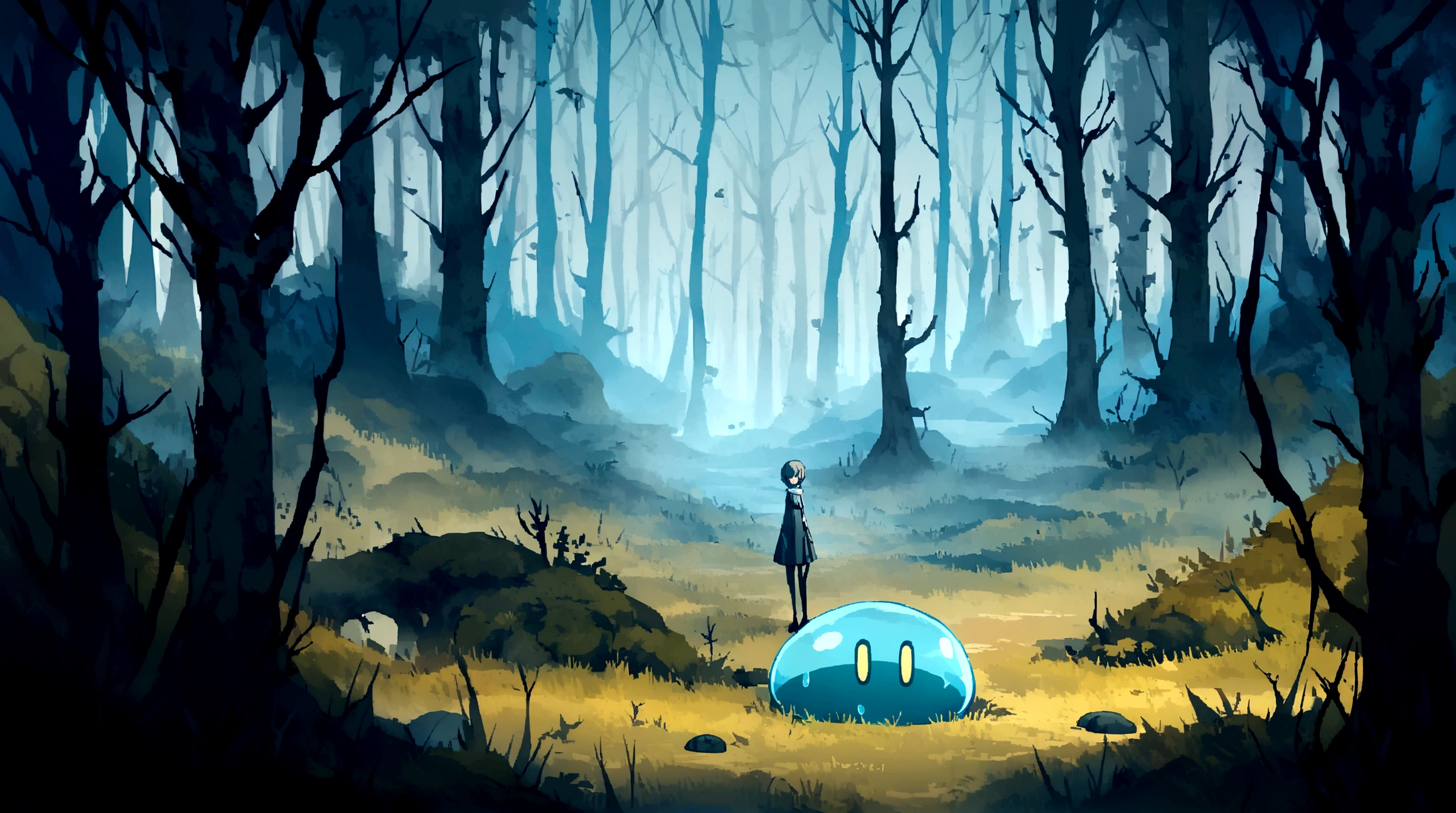 Imagine a Mario Bros style platform game environment but with a haunting dead swamp forest environment, environmental artist, Foggy environment, A mysterious landscape, Spooky forest, war-torn environment, Slime Mold Forest Environment, Bewitched forest, mysterious forest, Spooky forest, deep environment, swamps, premonitory background, fantasy forest environment, Foggy environment, moody atmosphere, game environment, environmental art