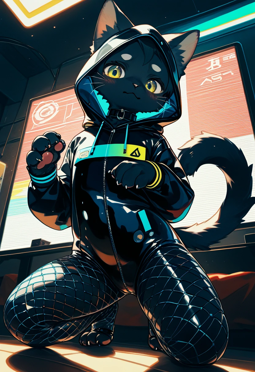 Highest quality, Highest quality, High quality illustrations, masterpiece, Ultra-high resolution, Detailed Background, Gaming Room, Absurd, Perfect Anatomy, performance, Good lighting, Shadows in the movies(kemono, Furry Personification), cat, Black Skin, Rubber suit, Rubber suit, latex, neon, neonライト, neonカラー, Fishnet tights, Rubber Hoodie,  Embarrassed, male, juvenile