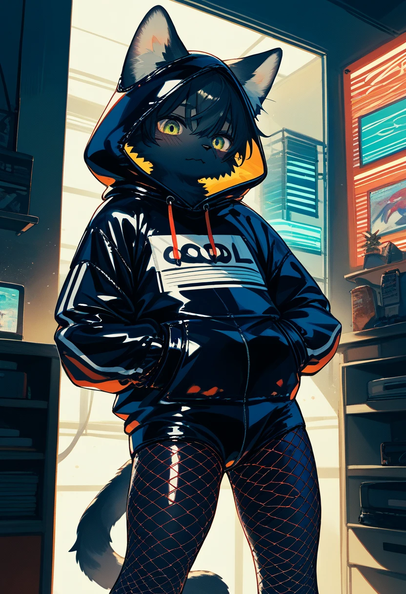 Highest quality, Highest quality, High quality illustrations, masterpiece, Ultra-high resolution, Detailed Background, Gaming Room, Absurd, Perfect Anatomy, performance, Good lighting, Shadows in the movies(kemono, Furry Personification), cat, Black Skin, Rubber suit, Rubber suit, latex, neon, neonライト, neonカラー, Fishnet tights, Rubber Hoodie,  Embarrassed, male, juvenile