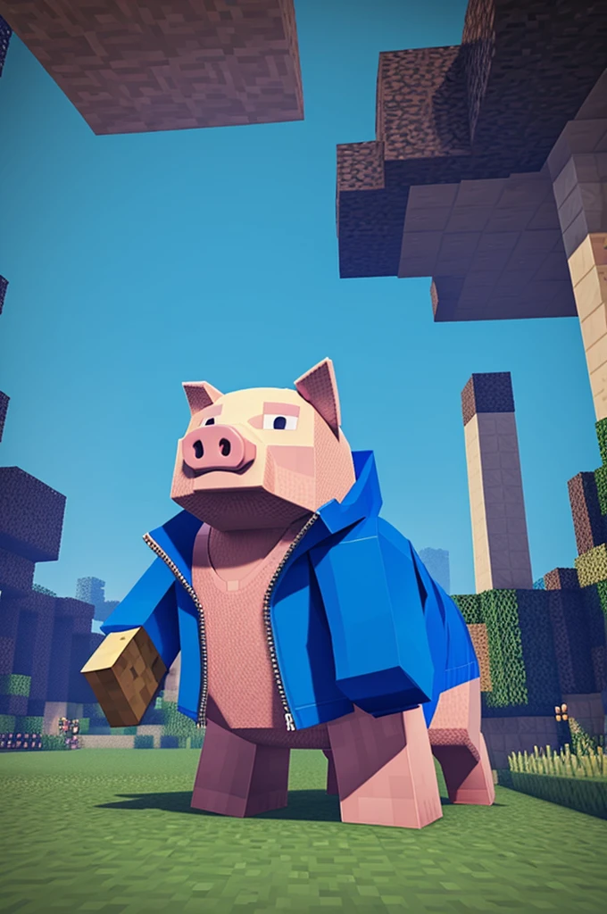 Minecraft pig wearing a blue jacket and holding a sword
