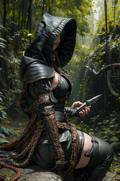 "The Last Anaconda Amazon" Beautiful woman, cold face, no horns, have an anaconda tail behind her butts, scary tail, have a thousand arms, an ancient witch, wear a full-mask cover face, holding sharply weapon and shield, wear an old-fashioned hood, wear a clothes from Arknights, Bloodborne theme, Arknights theme, dark fantasy, scary theme, green forest, monstrous pet, bloody background, supervillain, evil movement, mercilessly squads.