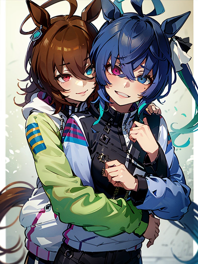(top-quality、hight resolution), Create an image of LoRa①'s character and LoRa②'s character embracing each other warmly. The scene should convey a sense of affection and intimacy, with both characters displaying expressions of comfort and happiness. The background can be a neutral setting to focus on the emotional connection between the two characters. Twin_Turbo_Umamusume, aqua hair, twintails, heterochromia, purple eyes, blue eyes, sharp teeth, multicolored hoodie, black leggings, agnes tachyon (umamusume)