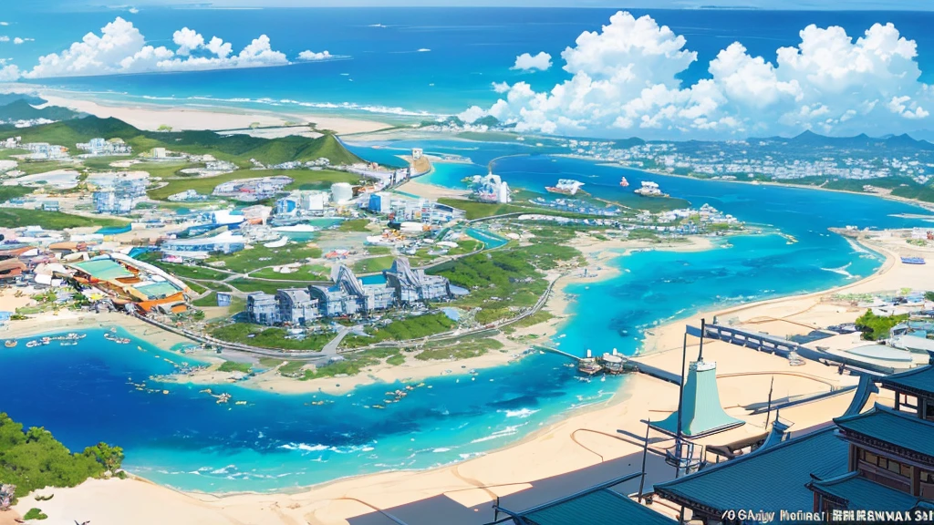 (resort city of Okinawa), which is in Japan, ((the beach and houses are visible)). (((single image)))