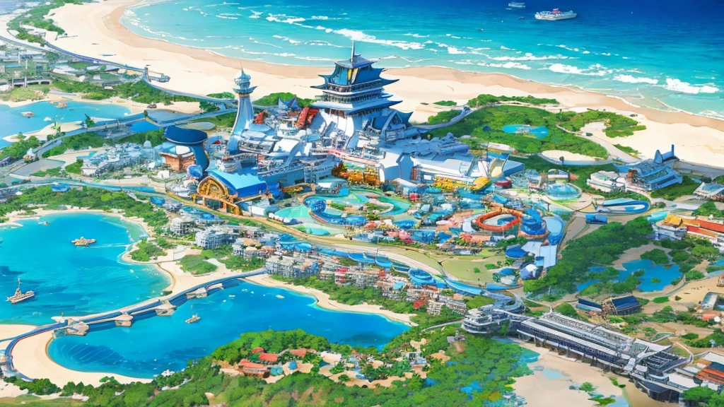 (resort city of Okinawa), which is in Japan, ((the beach and houses are visible)). (((single image)))