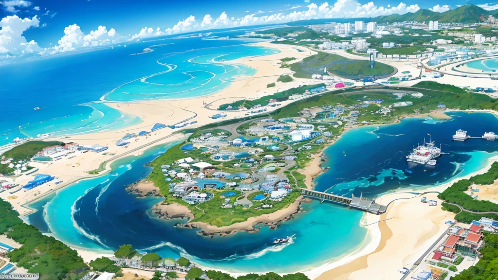 (resort city of Okinawa), which is in Japan, ((the beach and houses are visible)). (((single image)))