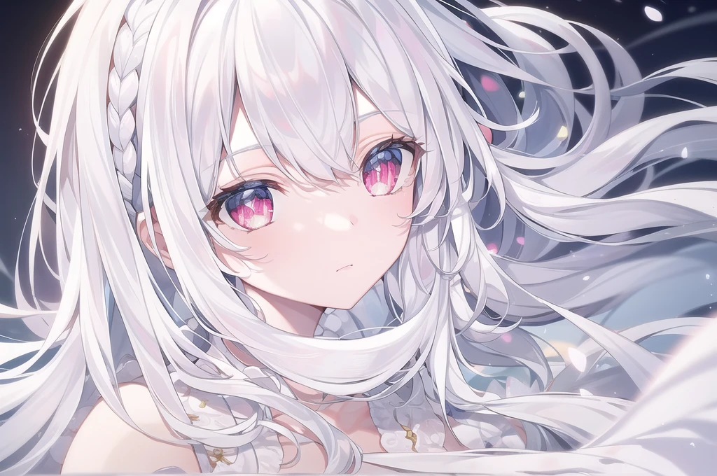 ((masterpiece, best quality))++, Detailed lighting+,  Detailed hair+, Detail hand+ ,1 girl, Miss, Long hair,   Crimson eyes,  beautiful eyes, young white hair,,(Beautiful white hair:1.5),(Beautiful and delicate eyes),  high resolution+,glass tint, Reflective eyes,   {{angle}} , Very detailed wallpaper, The original, Air bangs，Extremely beautiful CG，