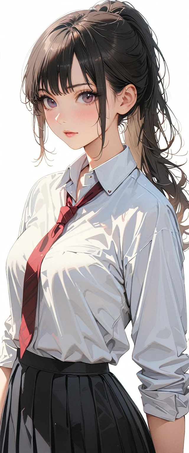 20 years old,1 mature woman,hyperrealistic, 8k, (extremely detailed 8k), (very delicate and beautiful), (masterpiece), (better quality:1.0), (ultra high resolution:1.0), (masterpiece, best quality),cute,black hair,ponytail,upper body,white background,realistic skin,collared shirt, pleated skirt,model posing