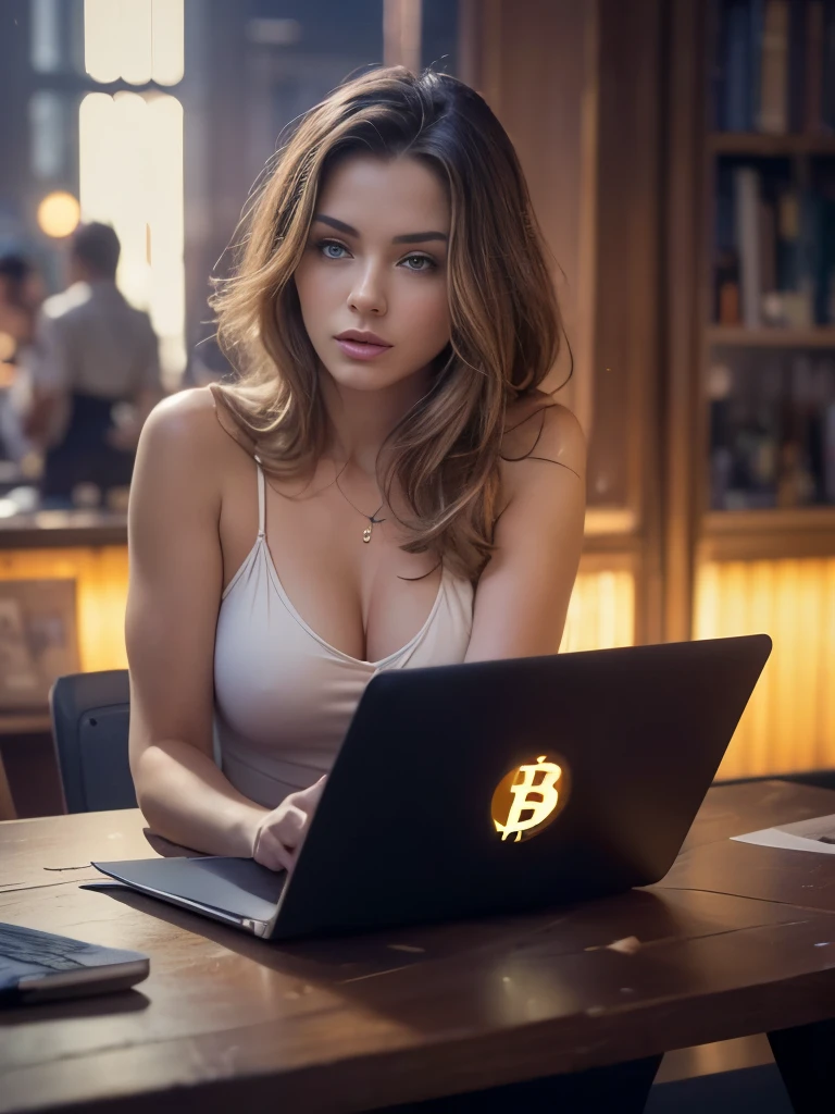 (Photorealistic. Masterpiece. Uhd) ((a shiny bitcoin symbol on a laptop cover)) Behind the laptop, an ultra hot gorgeous European woman. Age 21. Futuristic environment. ultra-detailed, hyper-realistic, high-quality, vibrant colors, dramatic shadows, dynamic composition