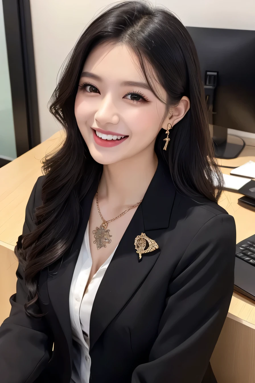 Beautiful young woman、 Black Hair、Wavy Hair、Necklace around the neck、Office Lady Suits、Jacket、Unbuttoned shirt、Flashy makeup、smile、Laughing with your mouth open、Intricate details, Very detailed:1.2), 、 Looking into the camera,The background is the office、Necklace around the neck、Dark eyeliner、ear piercing

