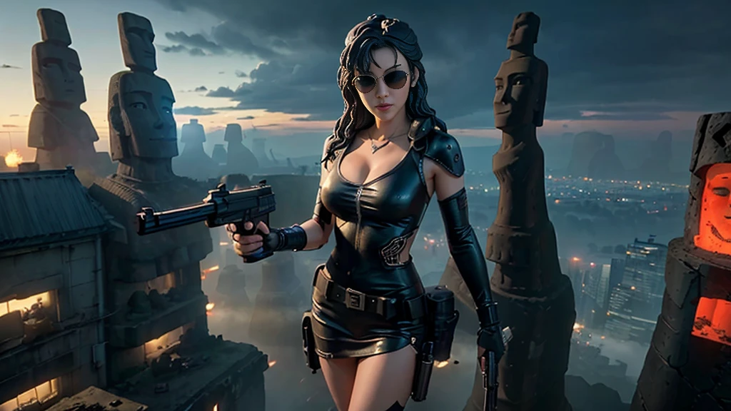 At night, dark sky, aerial view of fantasy cyberpunk style ((Moai-statue)) city, ((flying vehicle)). ((1girl, solo, alone)), photo realistic, medium-breast:1.1 slim body, cleavage, sexy clothes, (black sunglasses), (((hip-up standing and pistol aiming pose))), half-body thigh level medium shot, cinematic lighting.