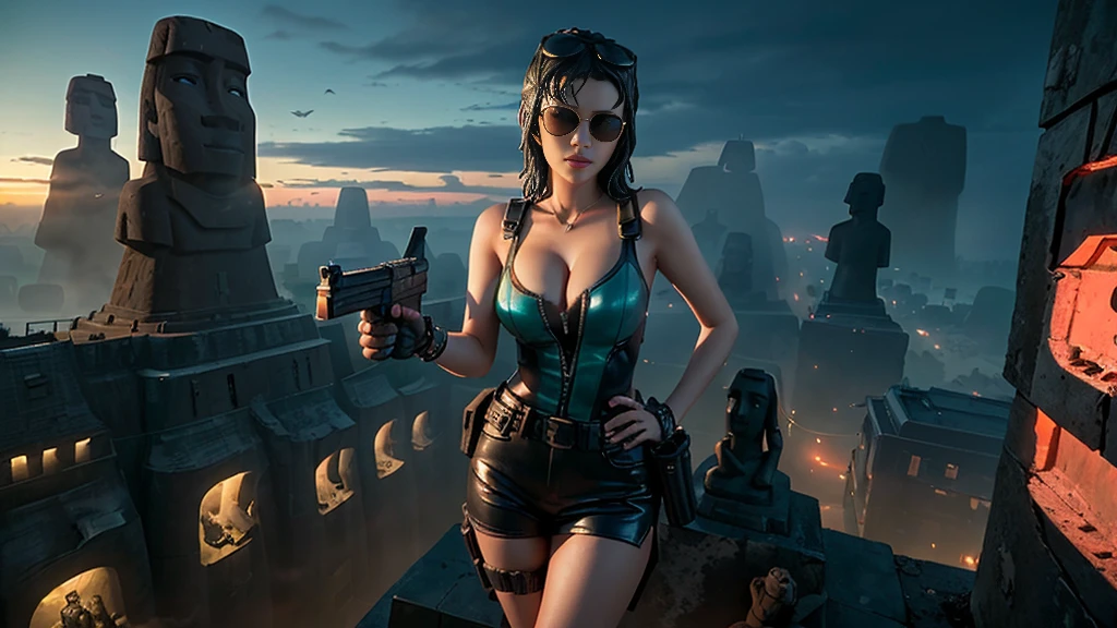 At night, dark sky, aerial view of fantasy cyberpunk style ((Moai-statue)) city, ((flying vehicle)). ((1girl, solo, alone)), photo realistic, medium-breast:1.1 slim body, cleavage, sexy clothes, (black sunglasses), (((hip-up standing and pistol aiming pose))), half-body thigh level medium shot, cinematic lighting.