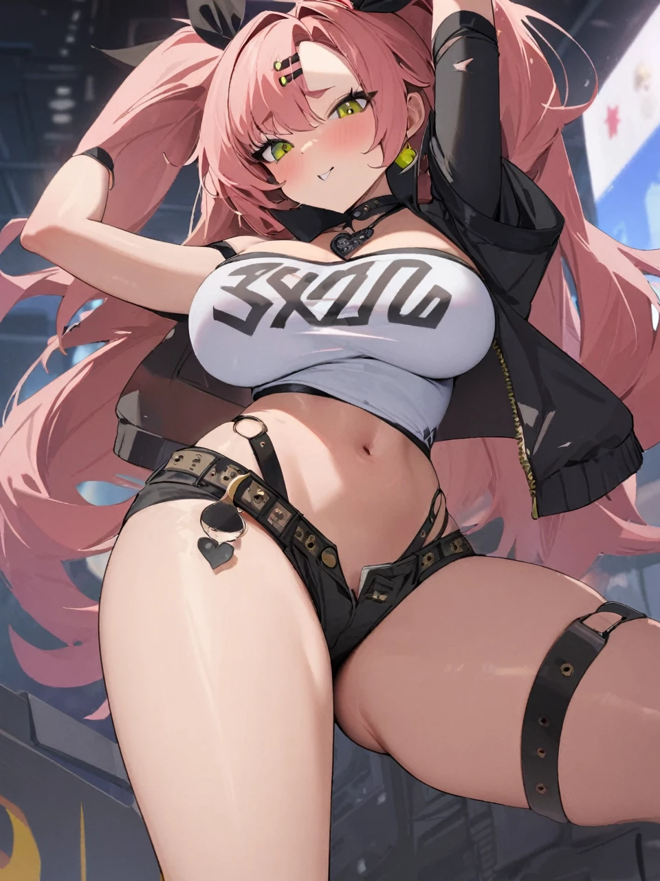 1girl, two_side_up,solo, large_breasts ,highres, nicole_demara,1girl,hair_ribbon, crop_top, looking_at_viewer, cowboy shot, masterpiece, best quality, absurdres, newest, posing, ((SFW))