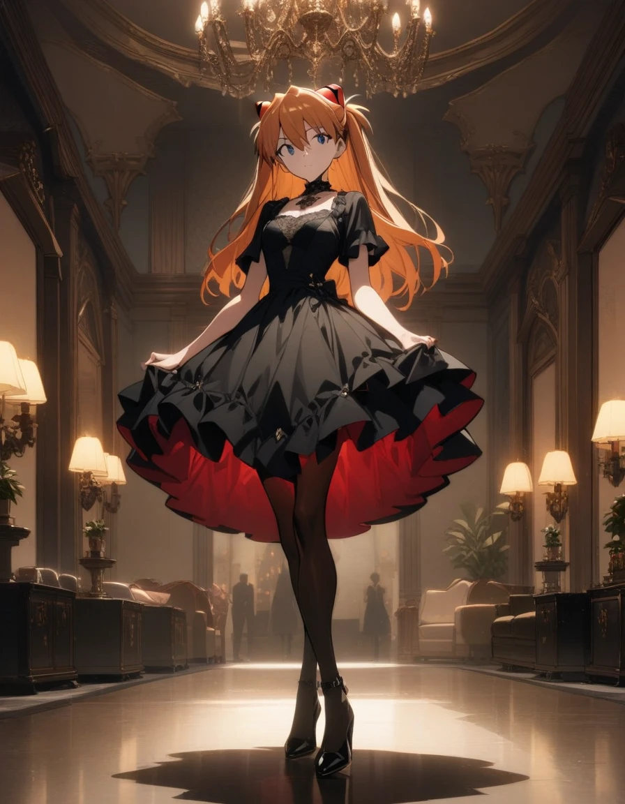 1girl, souryuu asuka langley, neon genesis evangelion, perfect body, gothic dress,frill,pantyhose,mansion,luxury,noble atmosphere,chandelier,masterpiece, best quality, very aesthetic, absurdres,