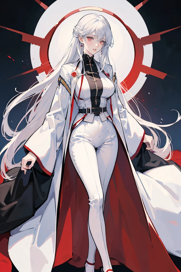 anime - (masterpiece), best quality, seductive eyes, mature face, red eyes, long length white hair, black suit, black pants, white coat, tall woman, long legs, adult-like female, 1girl, big breast