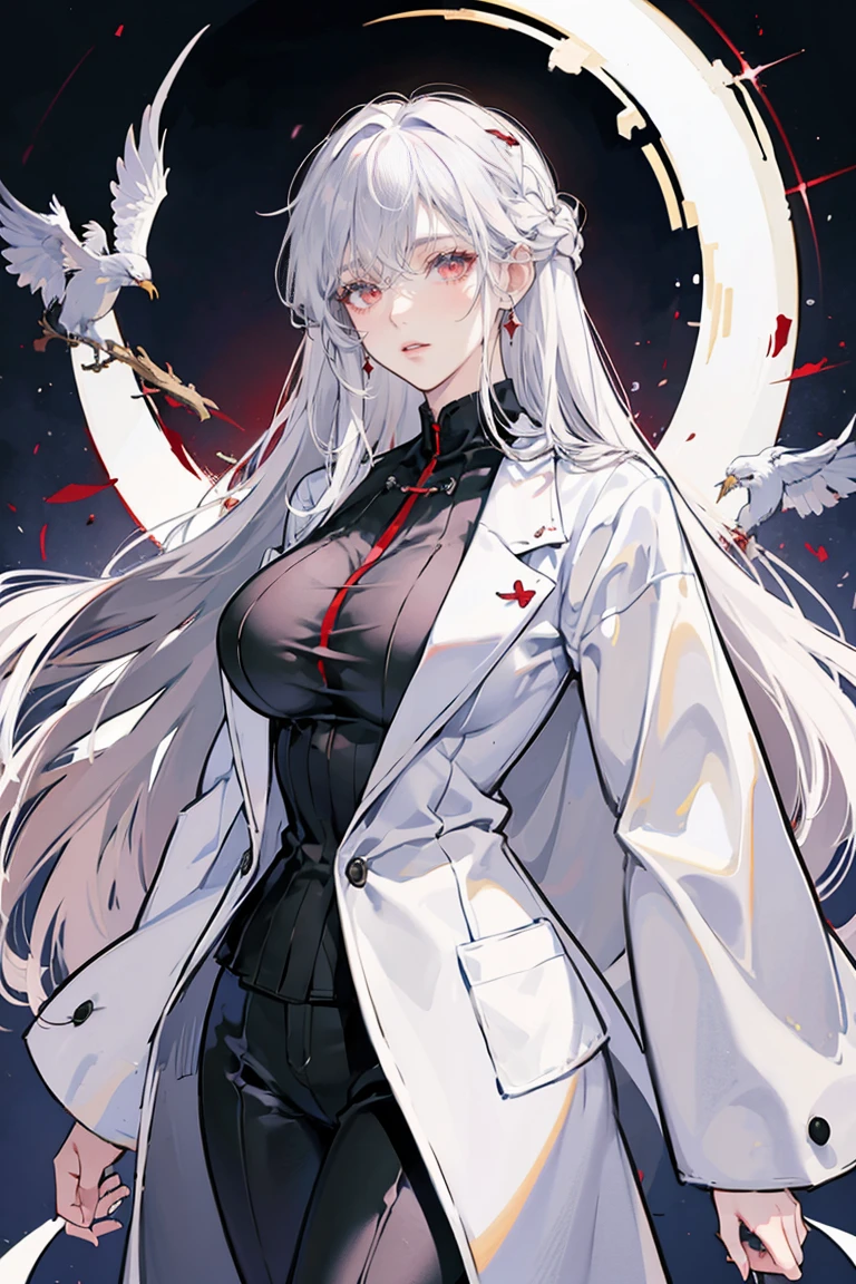 anime - (masterpiece), best quality, seductive eyes, mature face, red eyes, long length white hair, black suit, black pants, white coat, tall woman, long legs, adult-like female, 1girl, big breast