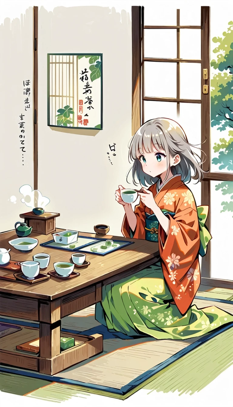 white background, Fujichoco style, kimono, gray hair, tatami, table, tea ceremony, green tea, window, simple background,Simple line initialism, 18 year old girl, (((The Most Beautiful Girl))), full body,