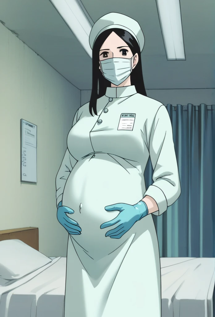 score_9,  score_8_up, score_7_up, source_anime, raw image, masterpiece, highest quality, natural light, patient room background, kasuganoray, good shape, pale skin, worried eyes, big breasts, scrubs, surgical mask, surgical cap, long sleeve maternity dress,
1girl, pregnant, solo, long rubber gloves, looking down, furrowed brow, hospital bed, standing