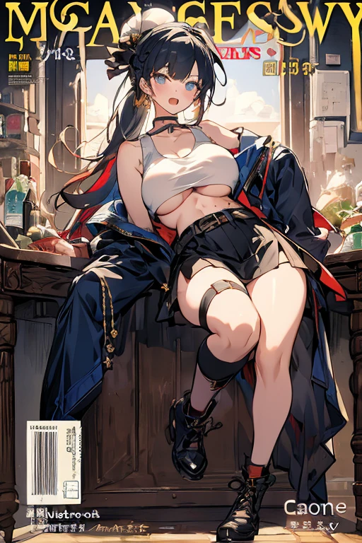 (masterpiece:1.2), (Military uniform magazine cover:1.4),best quality,PIXIV,Sweet girl , sexy posture,1girl, (perky chest:1.2), rolling upskirt by wind:1.6, (with sparkling eyes and a contagious smile),open mouth, (pointed chest:1.2),fishnets, black hair, boots, long hair, black nails, skirt, shirt, black footwear, bag, black skirt, jewelry, jacket, thigh strap, bangs, necktie, earrings, nail polish, multicolored hair, looking at viewer, full body, bottle, own hands together, belt, jacket on shoulders, food, cats on head, ring, choker, english text, collared shirt, blue eyes, hat, lace-up boots ,masterpiece、highest quality、Very detailed、An illustration、Beautiful fine details、One Girl、cute、Detailed landscape、Training Room Background:1.4、Platinum Blonde Hair、Braided Ponytail、Red camisole、((c cup breasts, Tank top showing underboob:1.4))
