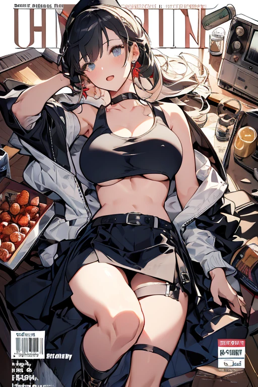 (masterpiece:1.2), (Military uniform magazine cover:1.4),best quality,PIXIV,Sweet girl , sexy posture,1girl, (perky chest:1.2), rolling upskirt by wind:1.6, (with sparkling eyes and a contagious smile),open mouth, (pointed chest:1.2),fishnets, black hair, boots, long hair, black nails, skirt, shirt, black footwear, bag, black skirt, jewelry, jacket, thigh strap, bangs, necktie, earrings, nail polish, multicolored hair, looking at viewer, full body, bottle, own hands together, belt, jacket on shoulders, food, cats on head, ring, choker, english text, collared shirt, blue eyes, hat, lace-up boots ,masterpiece、highest quality、Very detailed、An illustration、Beautiful fine details、One Girl、cute、Detailed landscape、Training Room Background:1.4、Platinum Blonde Hair、Braided Ponytail、Red camisole、((c cup breasts, Tank top showing underboob:1.4))
