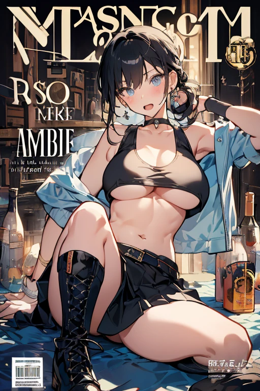 (masterpiece:1.2), (Military uniform magazine cover:1.4),best quality,PIXIV,Sweet girl , sexy posture,1girl, (perky chest:1.2), rolling upskirt by wind:1.6, (with sparkling eyes and a contagious smile),open mouth, (pointed chest:1.2),fishnets, black hair, boots, long hair, black nails, skirt, shirt, black footwear, bag, black skirt, jewelry, jacket, thigh strap, bangs, necktie, earrings, nail polish, multicolored hair, looking at viewer, full body, bottle, own hands together, belt, jacket on shoulders, food, cats on head, ring, choker, english text, collared shirt, blue eyes, hat, lace-up boots ,masterpiece、highest quality、Very detailed、An illustration、Beautiful fine details、One Girl、cute、Detailed landscape、Training Room Background:1.4、Platinum Blonde Hair、Braided Ponytail、Red camisole、((c cup breasts, Tank top showing underboob:1.4))
