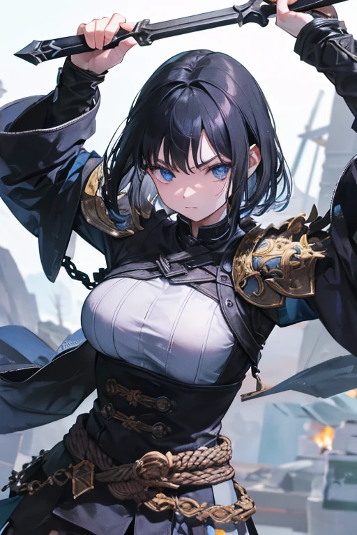 A black-haired girl wields the Heavy Thrusting Swords from within the Elden Ring in a reverse grip.
