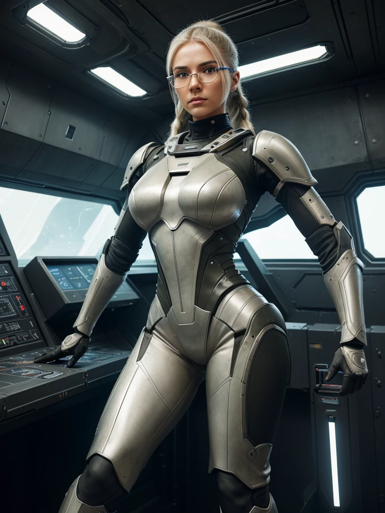 The future heroine stands in heroic form. The heroic future female warrior is Age (mid-20s), face (strong face, no makeup), hair (white long Ponytail hairstyle), AR glasses, body (healthy flesh, muscular, glamorous bodyline), state-of-the-art combat suit (armor (torso, arms, legs), flexible articulation, state-of-the-art sleek design, combat design, khaki color), function (heavy machine automaton). Full body. Background is spaceship interior. created using: style(futuristic, textured, digital-traditional blend, cyberpunk, science fiction, detailed, gritty, industrial, graphic-novel-esque), Cinematic style, dynamic angles, bright lighting, high definition.