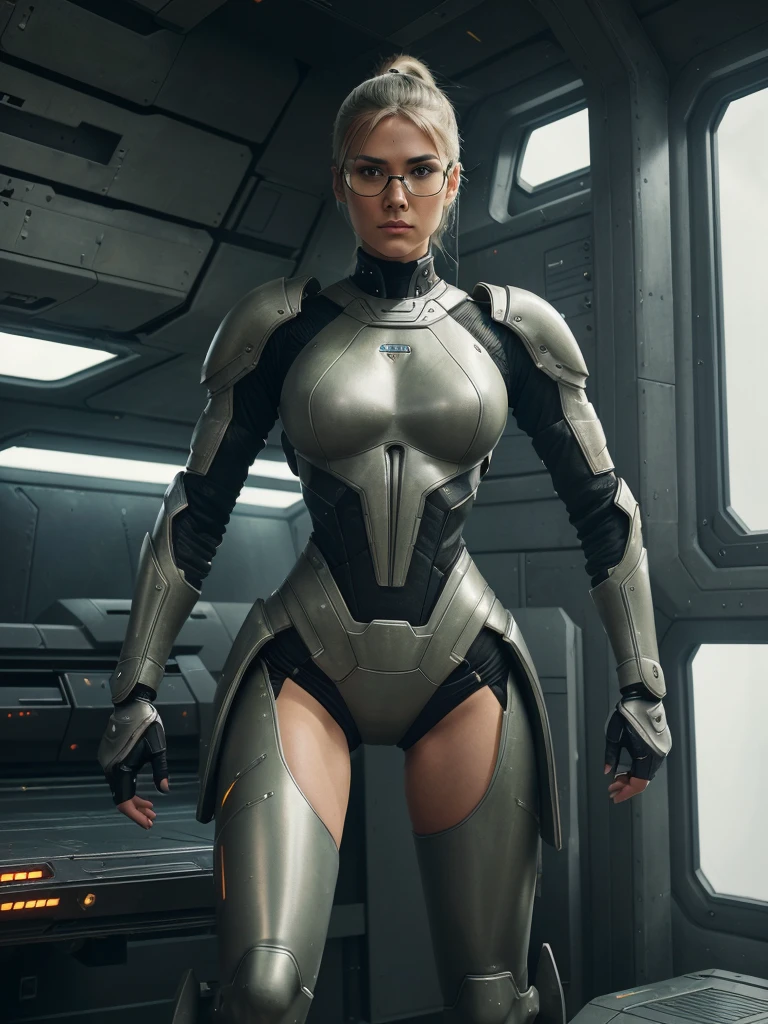 The future heroine stands in heroic form. The heroic future female warrior is Age (mid-20s), face (strong face, no makeup), hair (white long Ponytail hairstyle), AR glasses, body (healthy flesh, muscular, glamorous bodyline), state-of-the-art combat suit (armor (torso, arms, legs), flexible articulation, state-of-the-art sleek design, combat design, khaki color), function (heavy machine automaton). Full body. Background is spaceship interior. created using: style(futuristic, textured, digital-traditional blend, cyberpunk, science fiction, detailed, gritty, industrial, graphic-novel-esque), Cinematic style, dynamic angles, bright lighting, high definition.