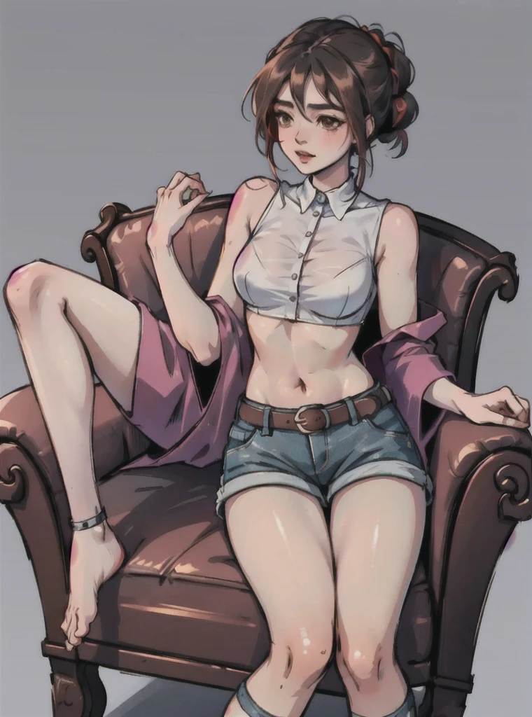 una joven de 20 años sitting en el armchair de su casa tiene calor, 1 girl, medium breasts, BROWN SKIN, Alone, black fur, updo hair, red sleeveless shirt, black unbuttoned denim shorts, unbuckled belt, view of underwear, sighing, hand on chest, sitting, armchair, sitting en el armchair, barefoot