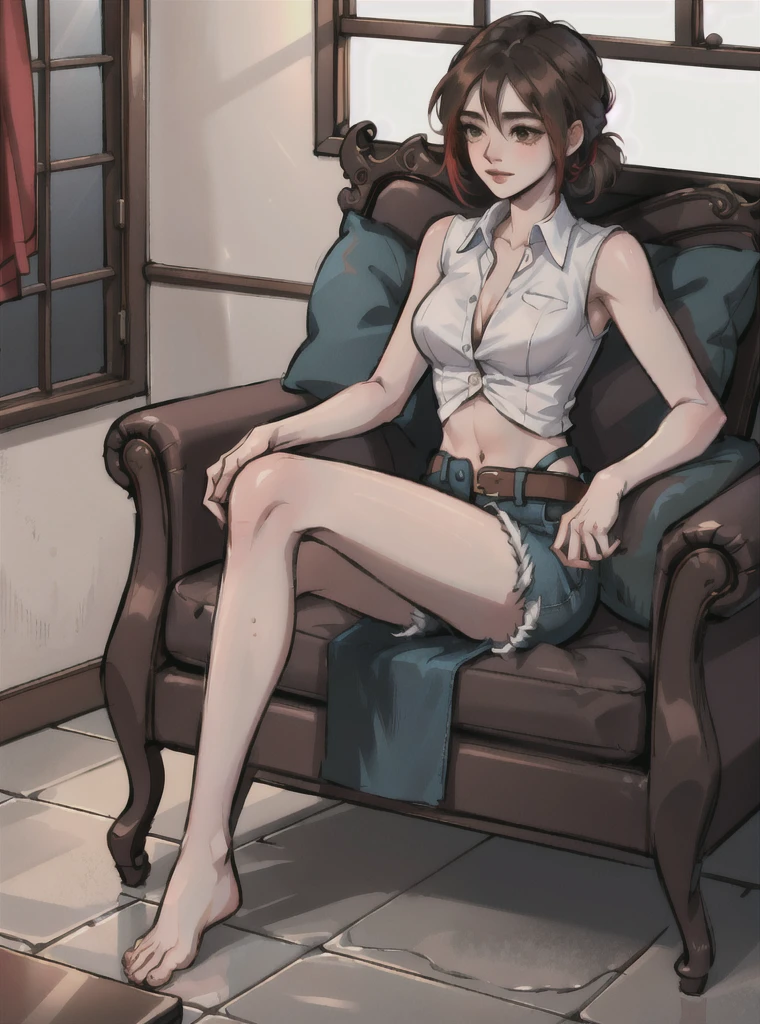 una joven de 20 años sitting en el armchair de su casa tiene calor, 1 girl, medium breasts, BROWN SKIN, Alone, black fur, updo hair, red sleeveless shirt, black unbuttoned denim shorts, unbuckled belt, view of underwear, sighing, hand on chest, sitting, armchair, sitting en el armchair, barefoot