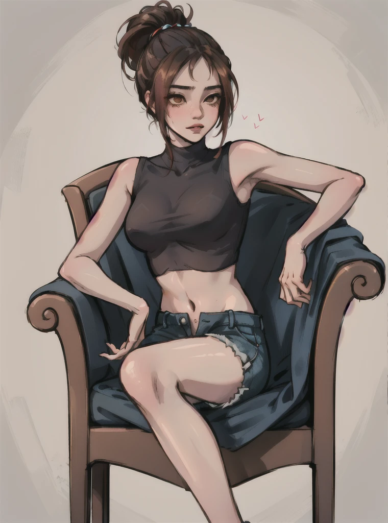 una joven de 20 años sitting en el armchair de su casa tiene calor, 1 girl, medium breasts, BROWN SKIN, Alone, black fur, updo hair, red sleeveless shirt, black unbuttoned denim shorts, unbuckled belt, view of underwear, sighing, hand on chest, sitting, armchair, sitting en el armchair, barefoot