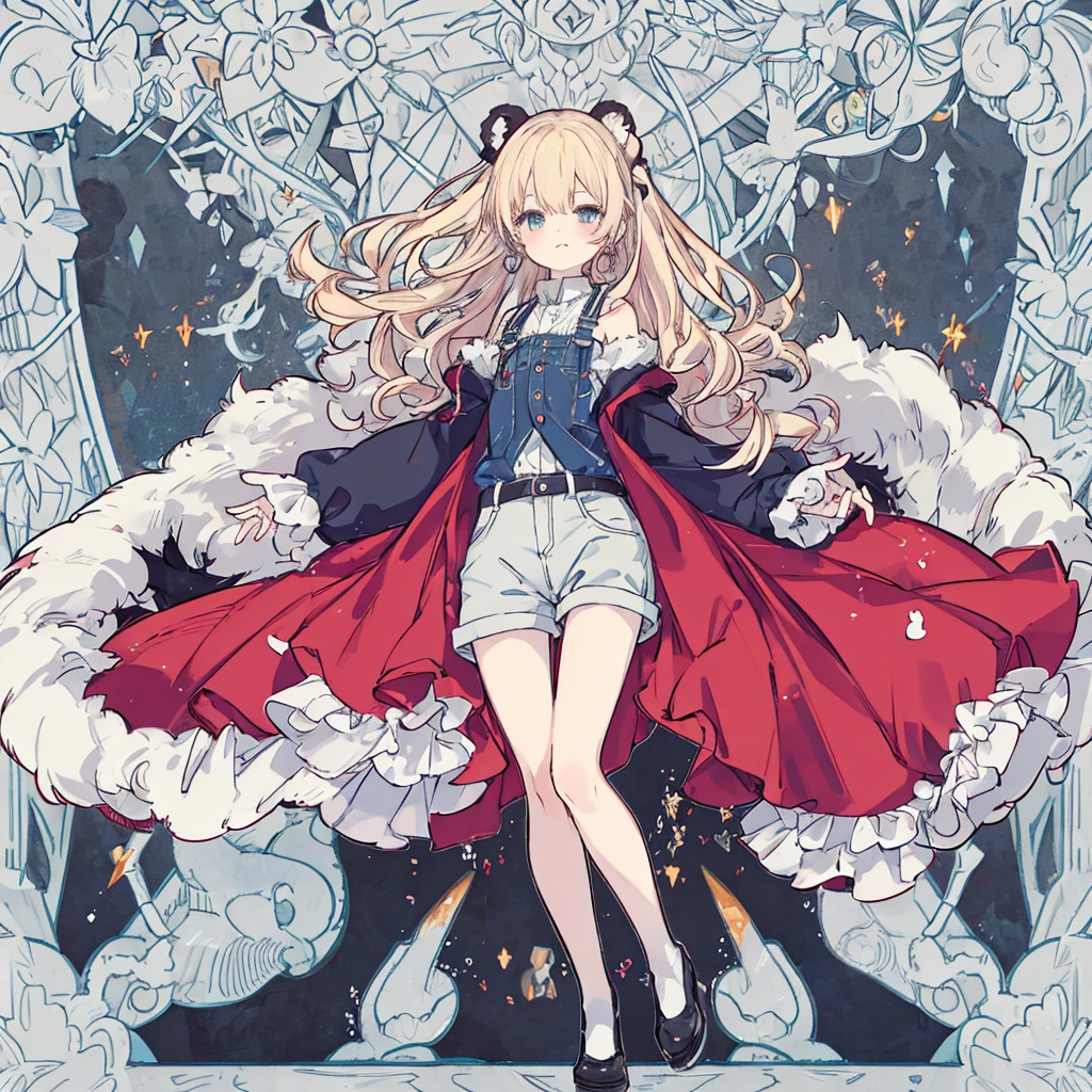 short cute male, very pale skin, beautiful eyes, perfect hands, one eye red one eye pink, long legs, narrow waist, perspective, chin-length blonde hair with dyed pale pink tips, perfect hands, male, fluffy bear slippers, crossed bangs, vivid colors, best quality, high quality, short messy wavy hair, oversized brown bear onesie, loose sleeves, pale blue jean shorts, striped knee high socks, earring on left ear, fangs, :3, smug