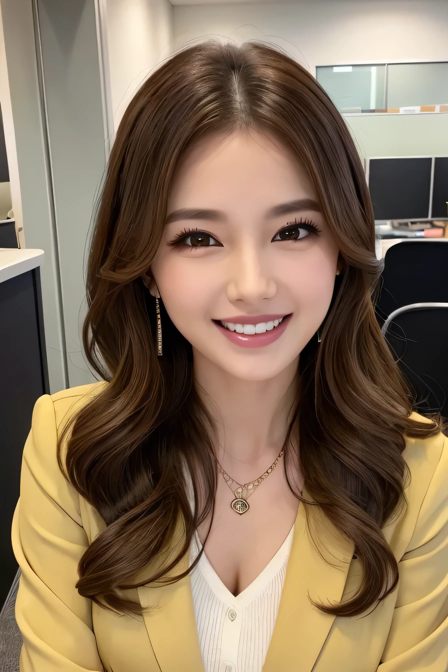 Beautiful young woman、 Brown Hair、Wavy Hair、Necklace around the neck、Office Lady Suits、Jacket、Unbuttoned shirt、Flashy makeup、smile、Laughing with your mouth open、Intricate details, Very detailed:1.2), 、 Looking into the camera,The background is the office、Necklace around the neck、Dark eyeliner、ear piercing