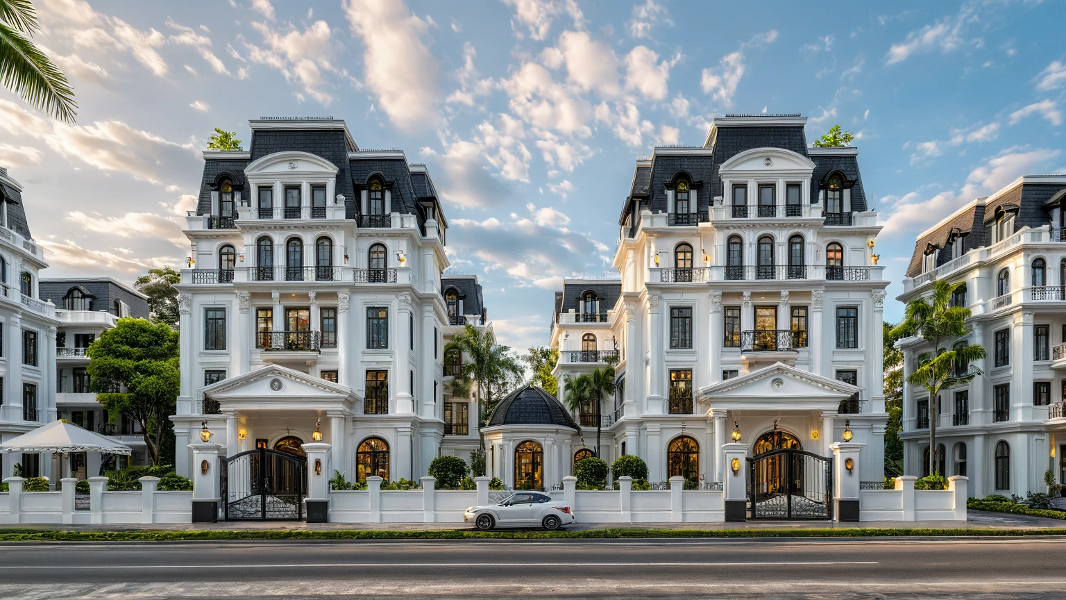 neo classical villa on street, (daylight), tropical tree, vivid colour, streetcapes, white tone, black detail, white wall, large glass door, warm interior lighting, best quality, masterpiece, ultra realistic