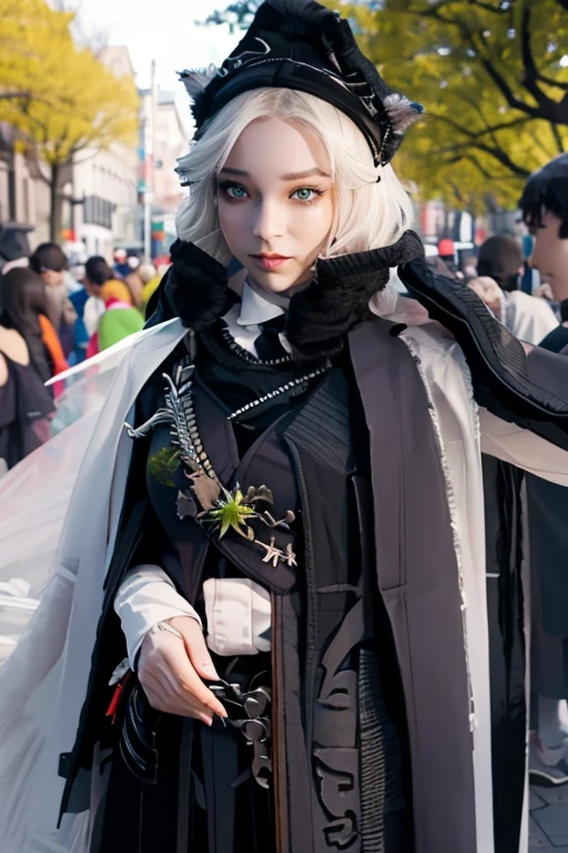 1 woman, black robe, radiant green eyes, white hair,anime, realistic,Black head covering,ultra detail