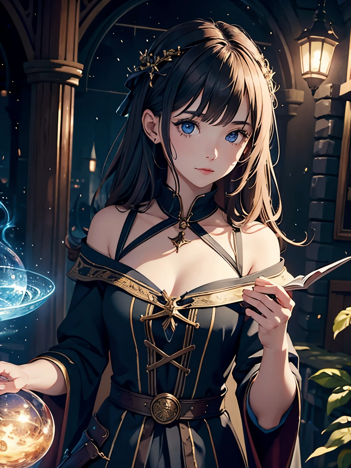 (4K, masterpiece,Very detailed),1 Girl,magic,Wizard's hat,(Medium chest,Lovely),(Observe from behind),Good shape,Fantasy concept art, Glowing blue dodecahedral crystal on wooden table ,(workshop),In the room, Tools on the table,Soft Light