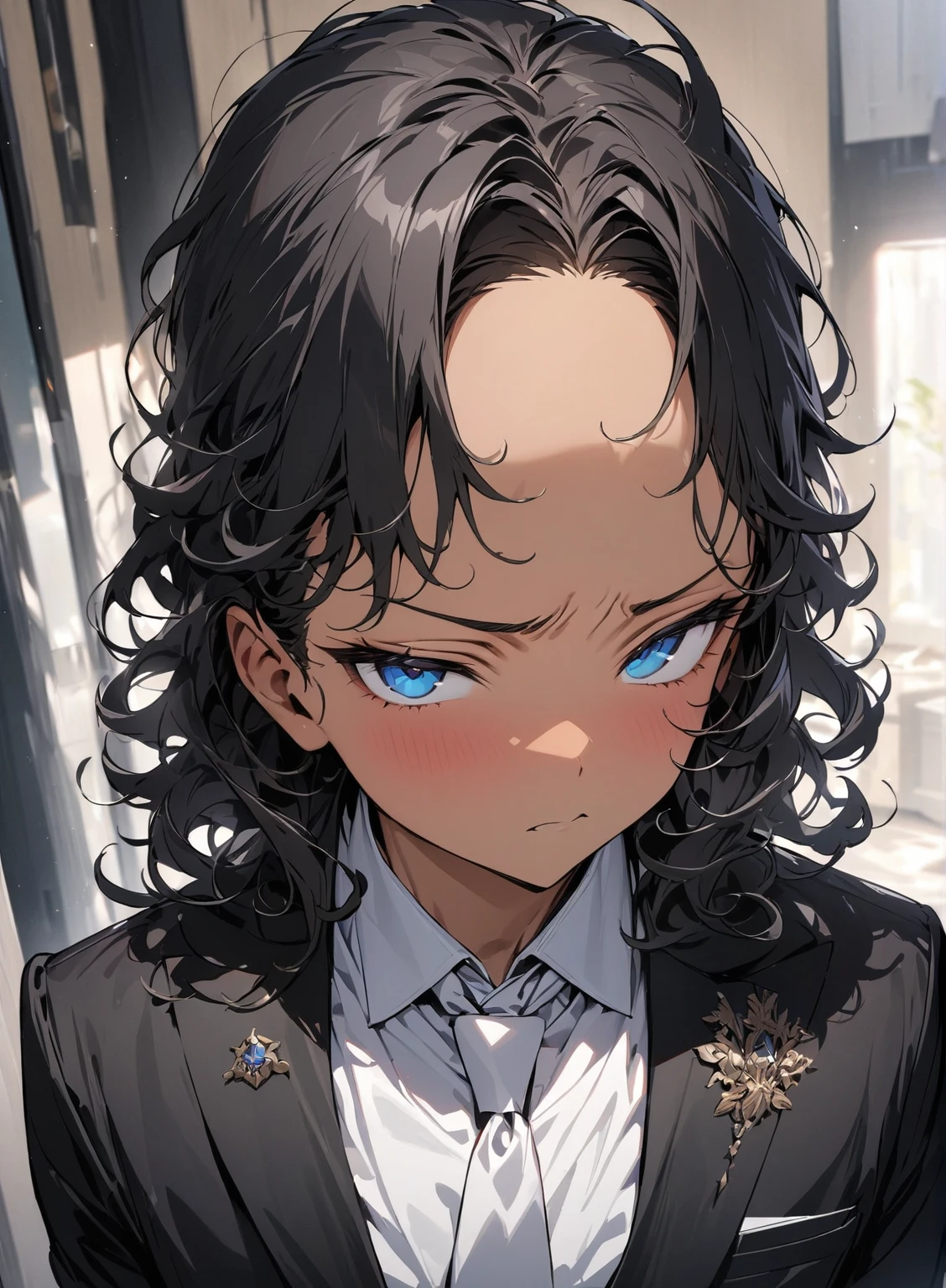 (( straight face picture )) ((best quality)), (Masterpiece)), (details), ( Beautiful colors ) ( ornamentation ) ( see the whole body ) young man , Tanned skin , black hair ,blue eyes ,Shoulder-length hair ,Slightly curly hair , open forehead , wearing a black suit ,white tie , Wear a white doctor's coat , , Have a rosary in hand , Whole body image