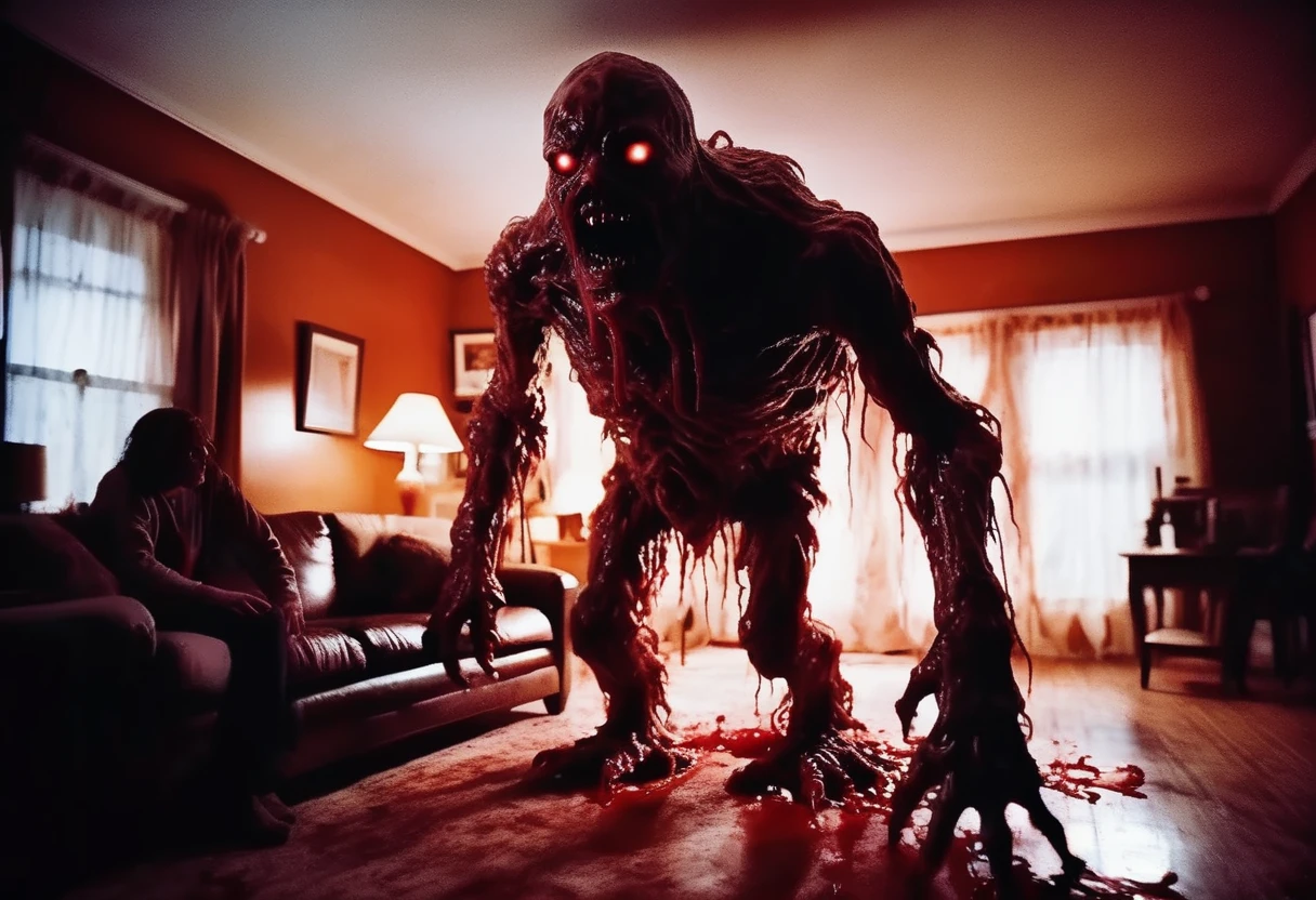 Real photo of a giant ab0m monster attacking a person ((in living room)), scary, scary with many eyes, detailed, concept based on horror movie The Thing, detailed depiction of flesh and blood, horror scare, eerie, silhouette lighting , photo actual, actual, depth field, blurred background, 80s horror movie stills, nostalgic horror movies