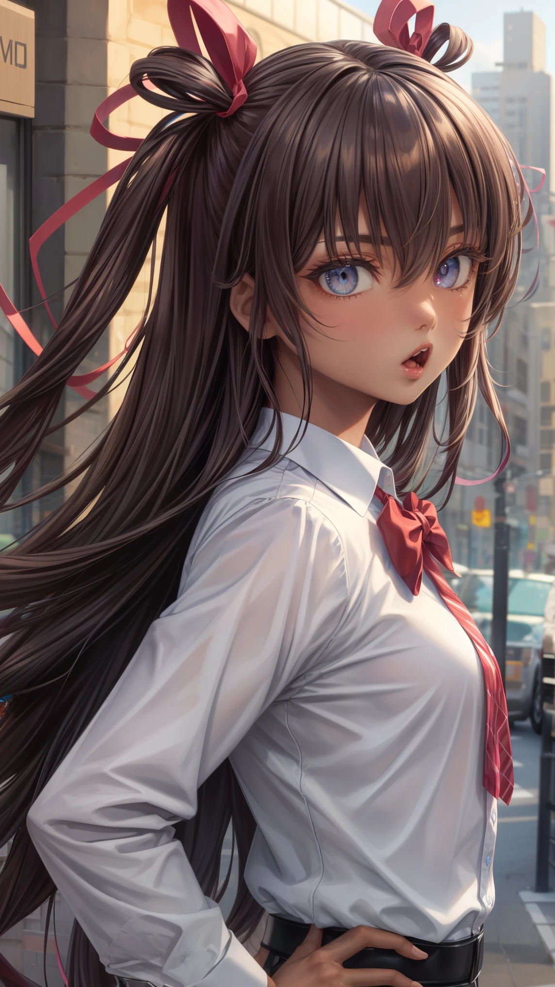 mizuki yukikaze, hair ribbon,
BREAK (((bow, Red_bow,collaRed_shirt,shirt, white_shirt))), 
BREAK outdoors, day, street, hand on hip, :o, from side, looking at viewer,
BREAK (art: 1.2), best quality, high resolution, 8k unitary, (illustration: 0.8), (beautiful detailed eyes: 1.6), extremely detailed face, perfect lighting, extremely detailed in CG, (perfect hands, perfect anatomy),