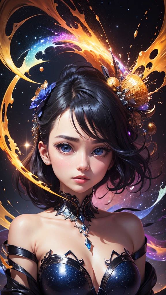 (masterpiece、Highest quality、beautiful:1.2)、(超beautifulスプラッシュアート:1.6)、1 Girl、 (Sapphire blue round eyes)、Gathering sparkle in your round eyes、Glossy lip、Fair face、The gaze is fixed on the galaxy、Transparent, shiny skin、Fair Hand、colorful、Agnes Cecil Style、Mysterious and enchanting atmosphere、Ingredients to mix、Intertwined material、Best Abstract Art、Surreal、A chaos of overlapping bright and transparent prism colors、Spiral stroke galaxy background