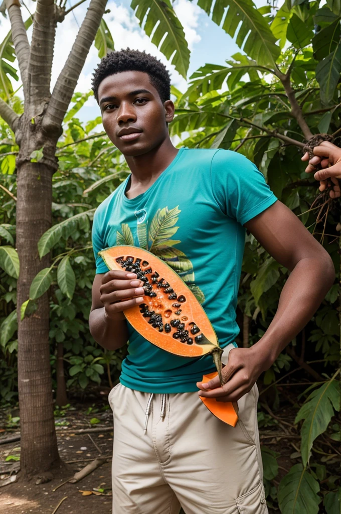 This image is photo generated of a young man plucking papaya from a papaya tree.