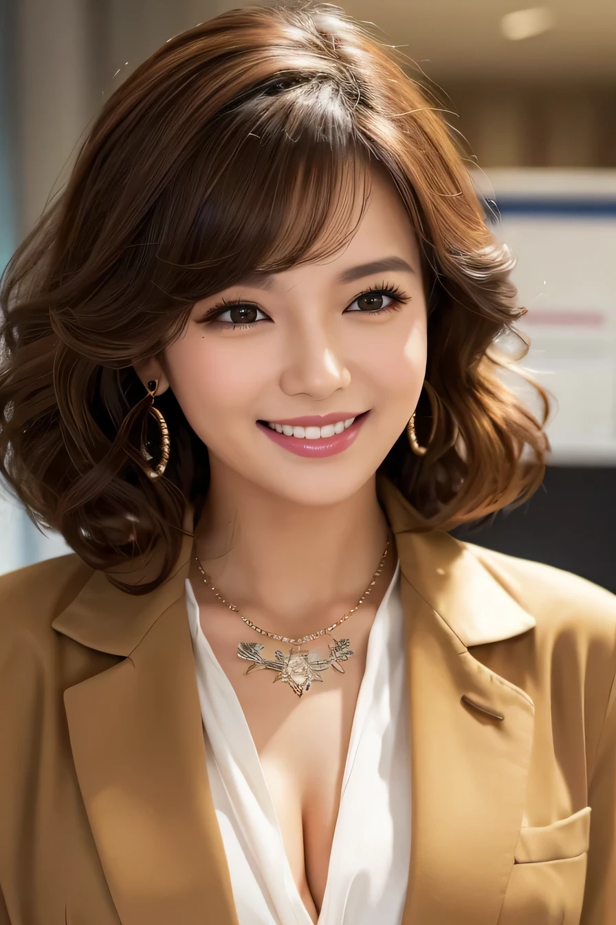 Beautiful young woman、 Brown Hair、Curly Hair、Necklace around the neck、Office Lady Suits、Jacket、Unbuttoned shirt、Flashy makeup、smile、Laughing with your mouth open、Intricate details, Very detailed:1.2), 、 Looking into the camera,The background is the office、Necklace around the neck、Dark eyeliner、ear piercing

