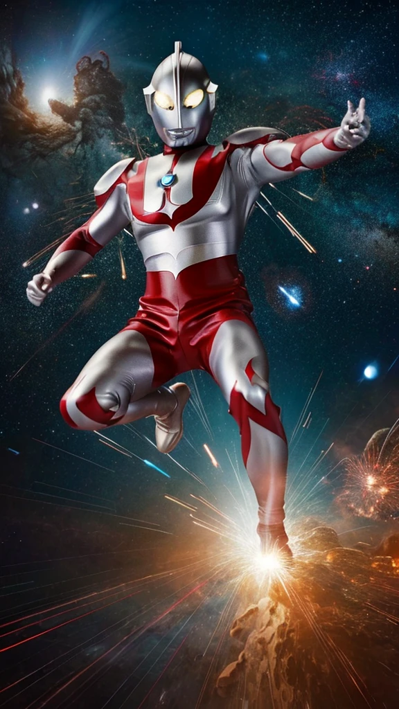gigantic ultraman,repairing,fixing,oil refinery plants,Ultraman flying in space、tanks,heavy machinery,Metallic armor,glowing eyes,detailed mechanical parts,smoke and sparks,blazing flames,high-tech 、Ultraman flying in space